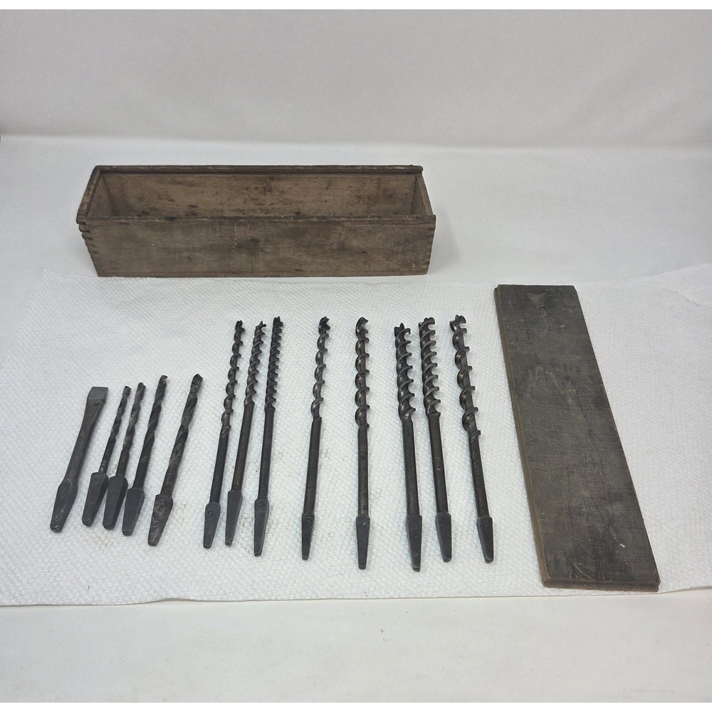 Vintage Brace Auger Bit Lot 13 Pc Mixed Mfg Double Twist Woodโ Box Woodworking